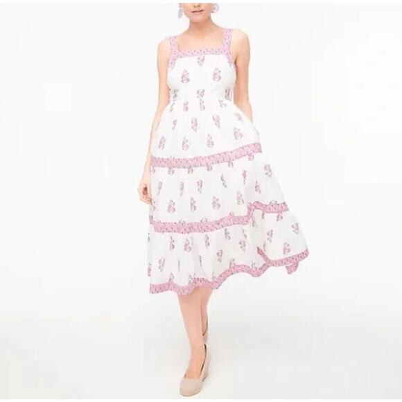 J. Crew Block-print square neck tiered midi dress size 4 - Picture 1 of 7